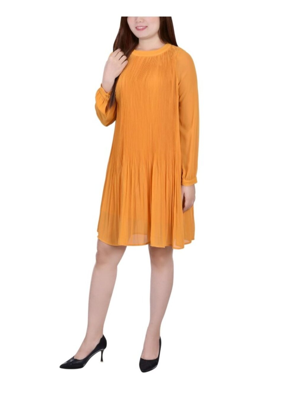 NY Collection Womens Petite Long Sleeve Pleated Dress Mustard Size PS NWT